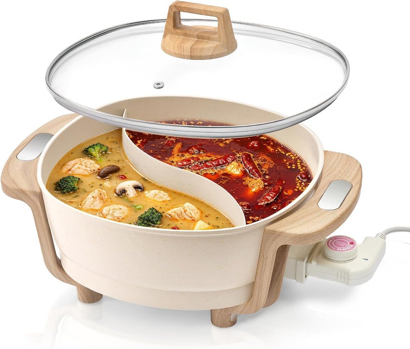 FGJ Hot Pot Electric Hot Pot with Divider, Large 6L Nonstick Dual-Sided Shabu Shabu Pot Dual-Flavor hotpot electric 1500W with Adjustable 5-Temperature Control ，Perfect for Family Dinners & Parties - Image 1